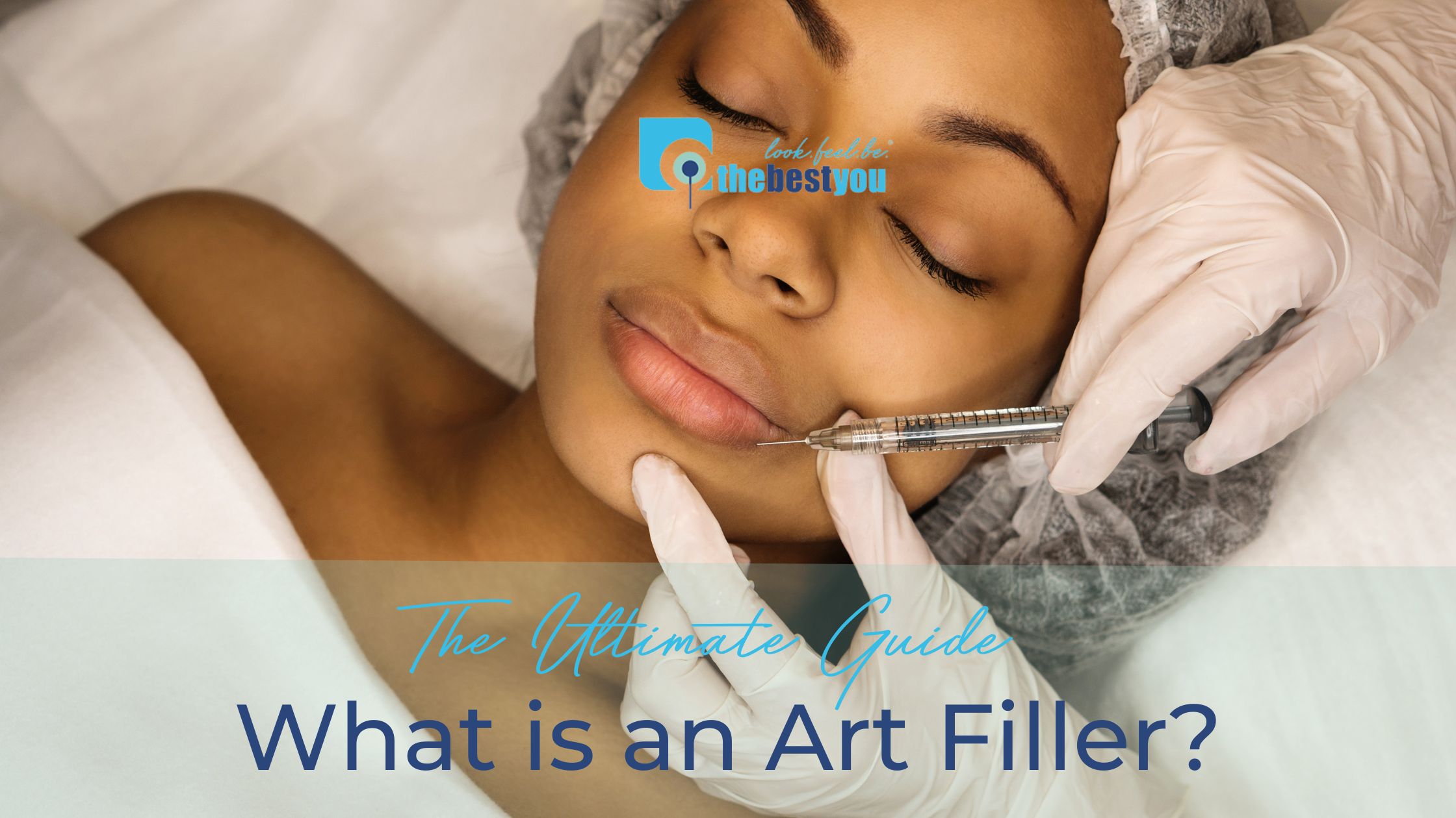 A close-up of a person receiving a cosmetic injection in the lips, with the text "The Ultimate Guide: What is Art Filler?" superimposed on the image.